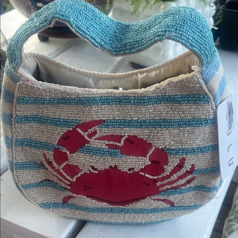 Blue & Cream Beaded Mini Hobo Bag with Pink Crab Motif